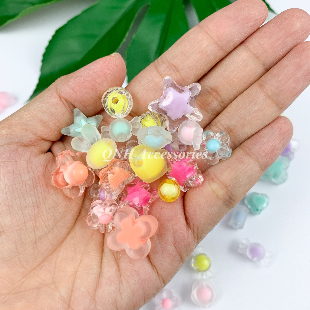 Gói 10g hạt nhựa trong màu nhân hình tròn, ngôi sao, viên kẹo dùng làm vòng tay, vòng cổ, làm trang sức thủ công DIY
