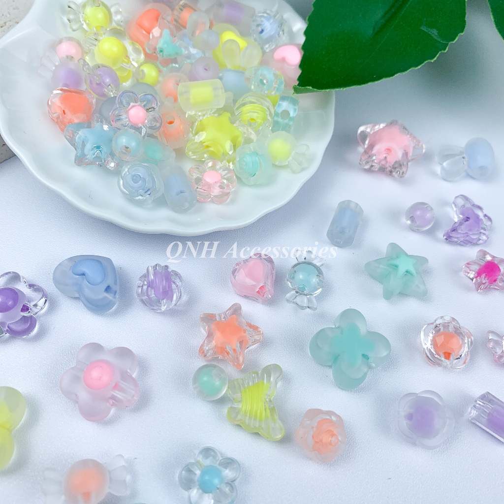 Gói 10g hạt nhựa trong màu nhân hình tròn, ngôi sao, viên kẹo dùng làm vòng tay, vòng cổ, làm trang sức thủ công DIY