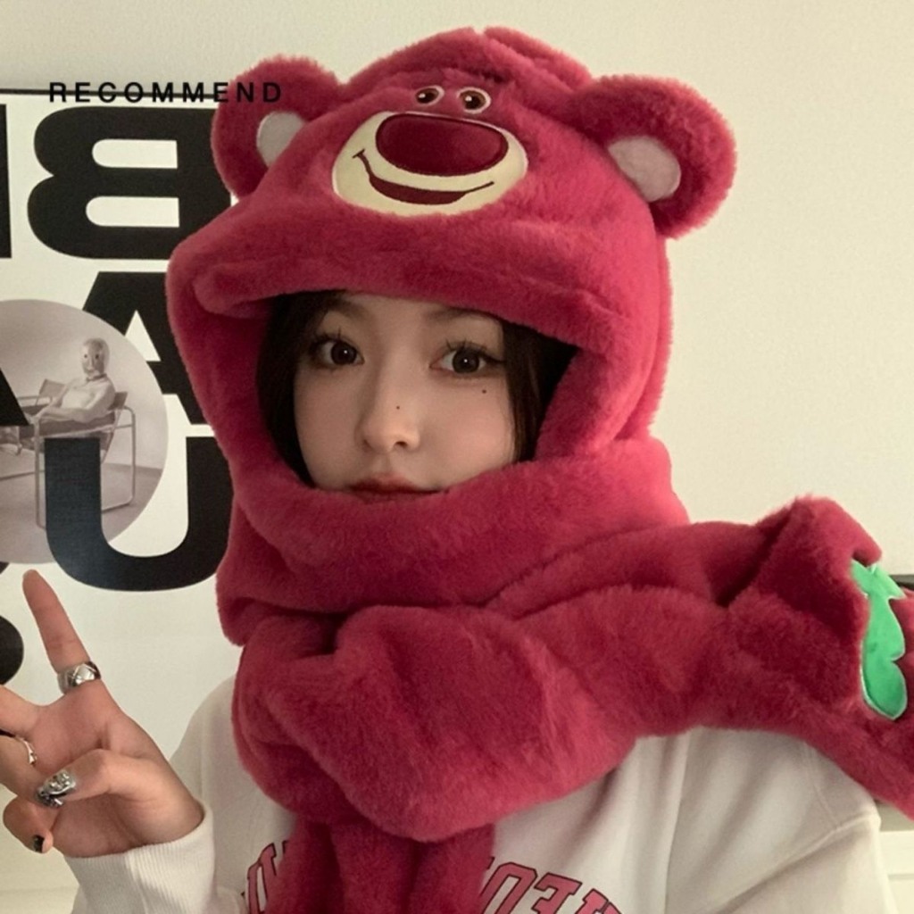 Mũ lông kèm Khăn quàng cổ có bao tay GẤU DÂU dày dặn, dễ thương, M218