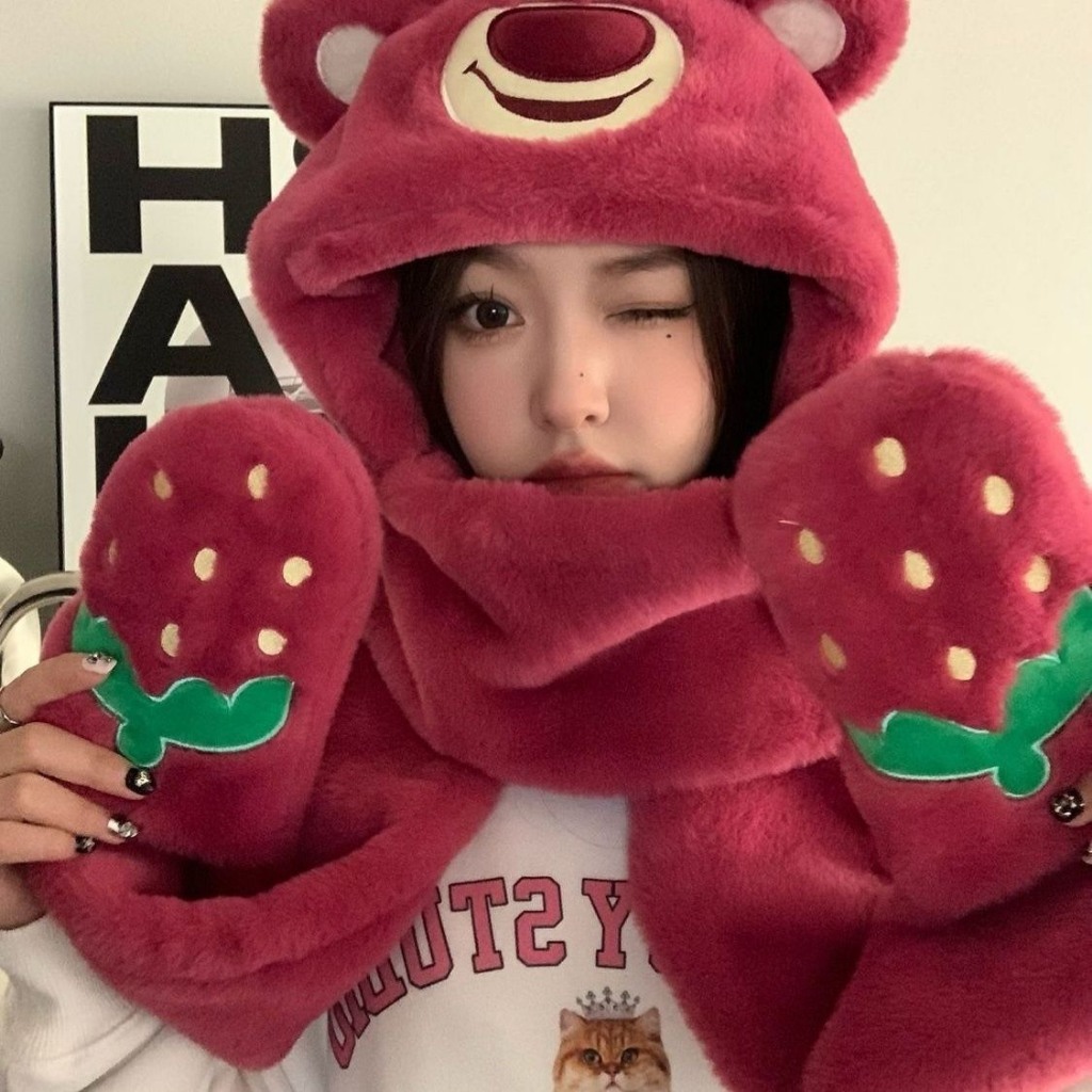 Mũ lông kèm Khăn quàng cổ có bao tay GẤU DÂU dày dặn, dễ thương, M218