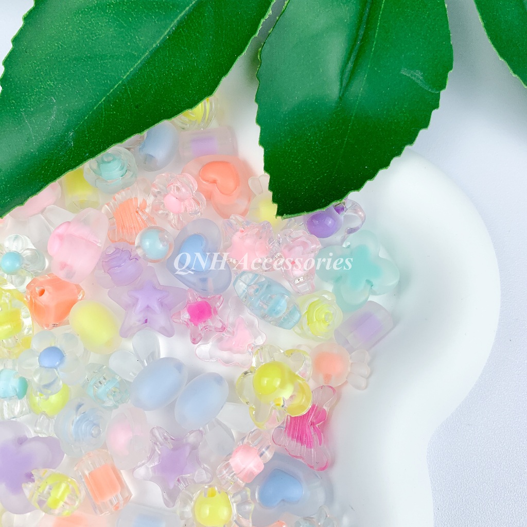 Gói 10g hạt nhựa trong màu nhân hình tròn, ngôi sao, viên kẹo dùng làm vòng tay, vòng cổ, làm trang sức thủ công DIY