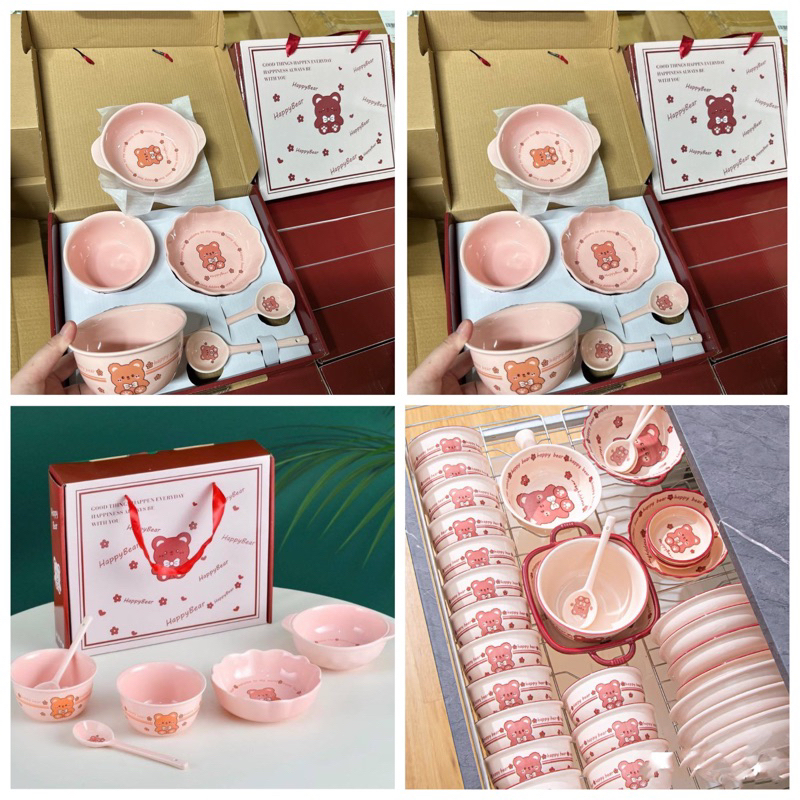 COMBO 4 BÁT KÈM 2 MUỖNG SỨ MÀU HỒNG