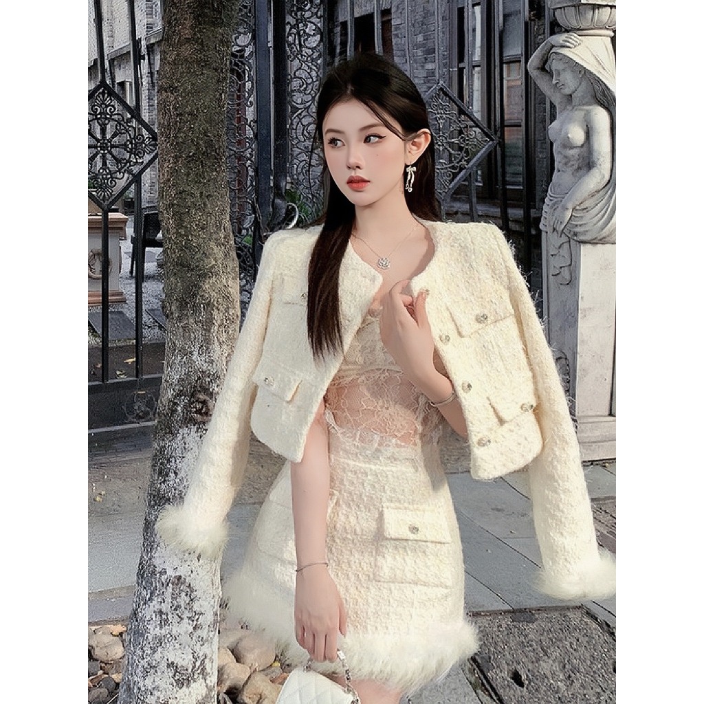 Set bộ đồ mùa đông chất dạ tweed trắng phối lông  Áo khoác dạ tweed phối chân váy chữ A tiểu thư cá tính cho nữ