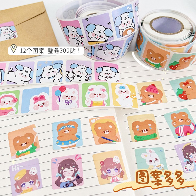 Sticker cute cuôn 300 hình dán trang trí sổ tay, thiệp, túi quà tặng hoạt hình dễ thương