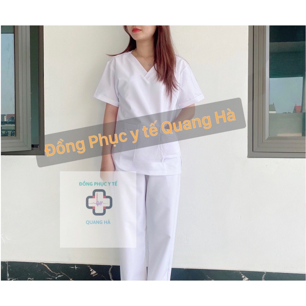 Bộ Scrubs - màu xanh Lá vải Cotton Hàn - bác sĩ, blouse cổ tim, đồng phục điều dưỡng, spa, thẩm mỹ viện, dược sĩ.
