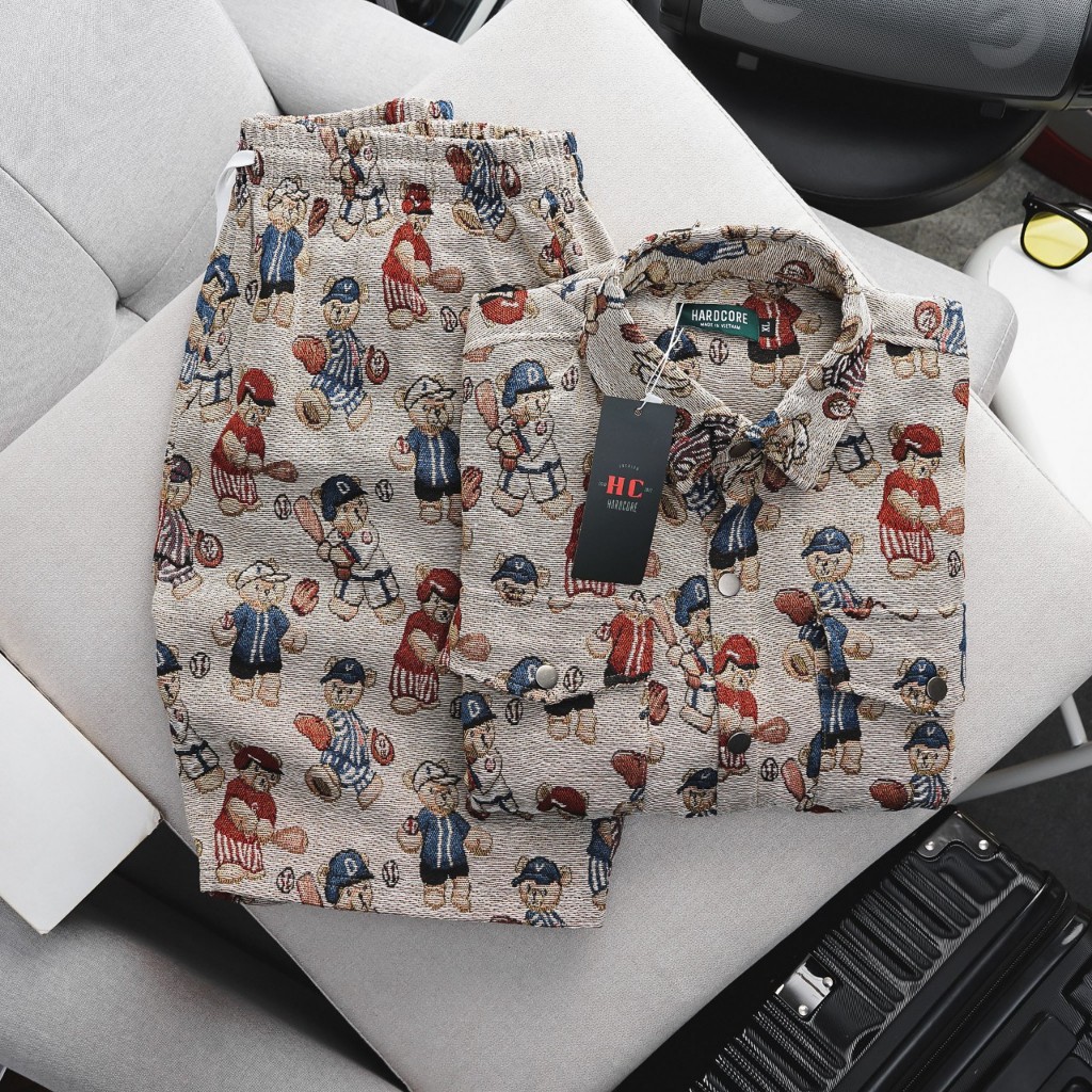 Big size - Set bộ quần áo vải gấm hình gấu bóng chày cực hot Big Men 85-130kg