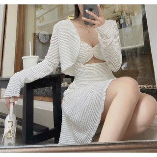 Sét đầm len ren 2 dây có mút ngực khoét ngực siêu quyến rũ phối áo khoác tay dài siêu xinh
