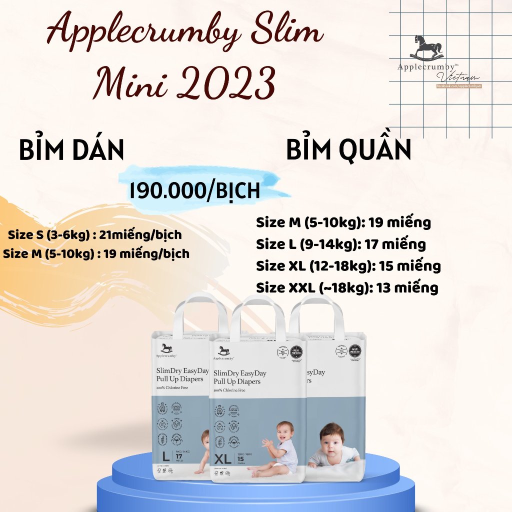 Bỉm dán/quần APPLECRUMBY SLIM cao cấp Malaysia siêu mềm mỏng cho bé S21/M19/L17/XL15/XXL13