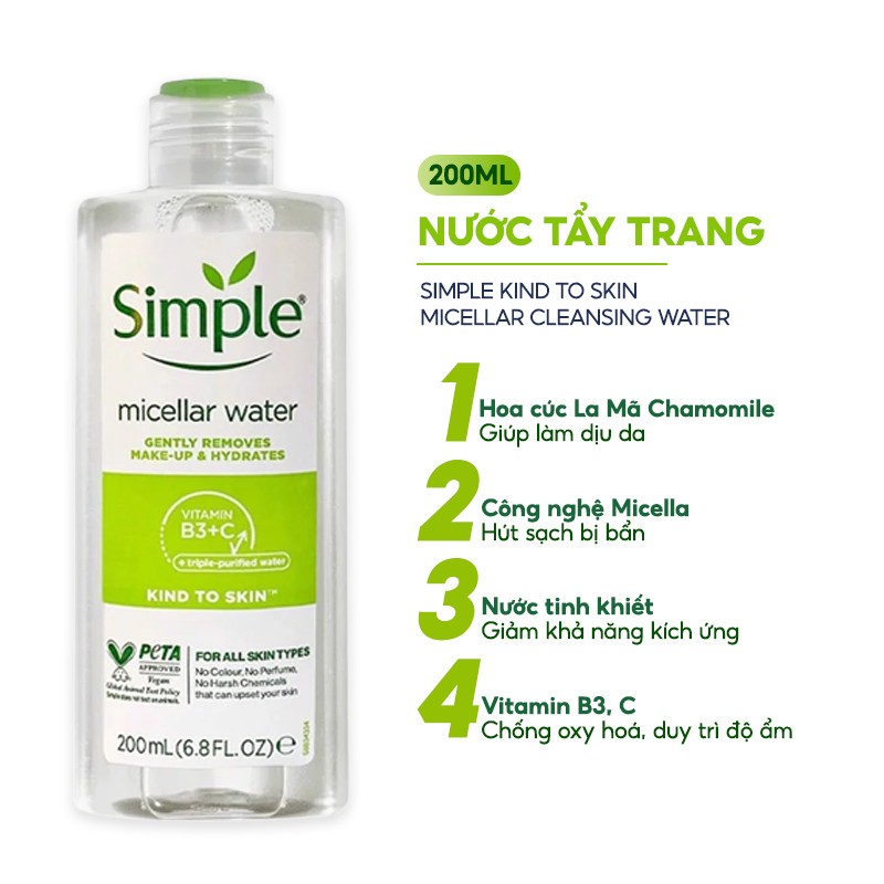 Nước tẩy trang Simple Kind to Skin Micellar Cleansing Water