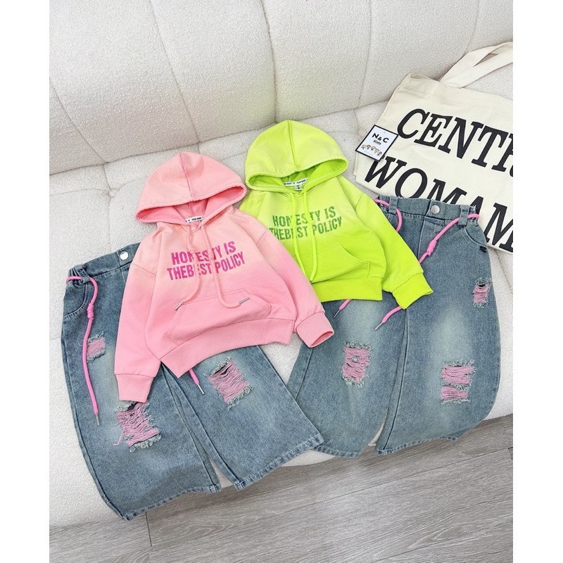 Set áo loang mũ hoodie quần xuông bé gái