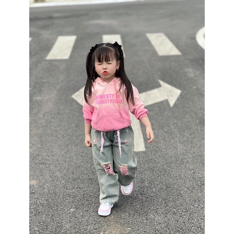 Set áo loang mũ hoodie quần xuông bé gái
