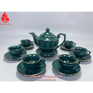 Bộ ấm chén men xanh cổ vịt vẽ vàng chuẩn Bát Tràng (3 dáng )