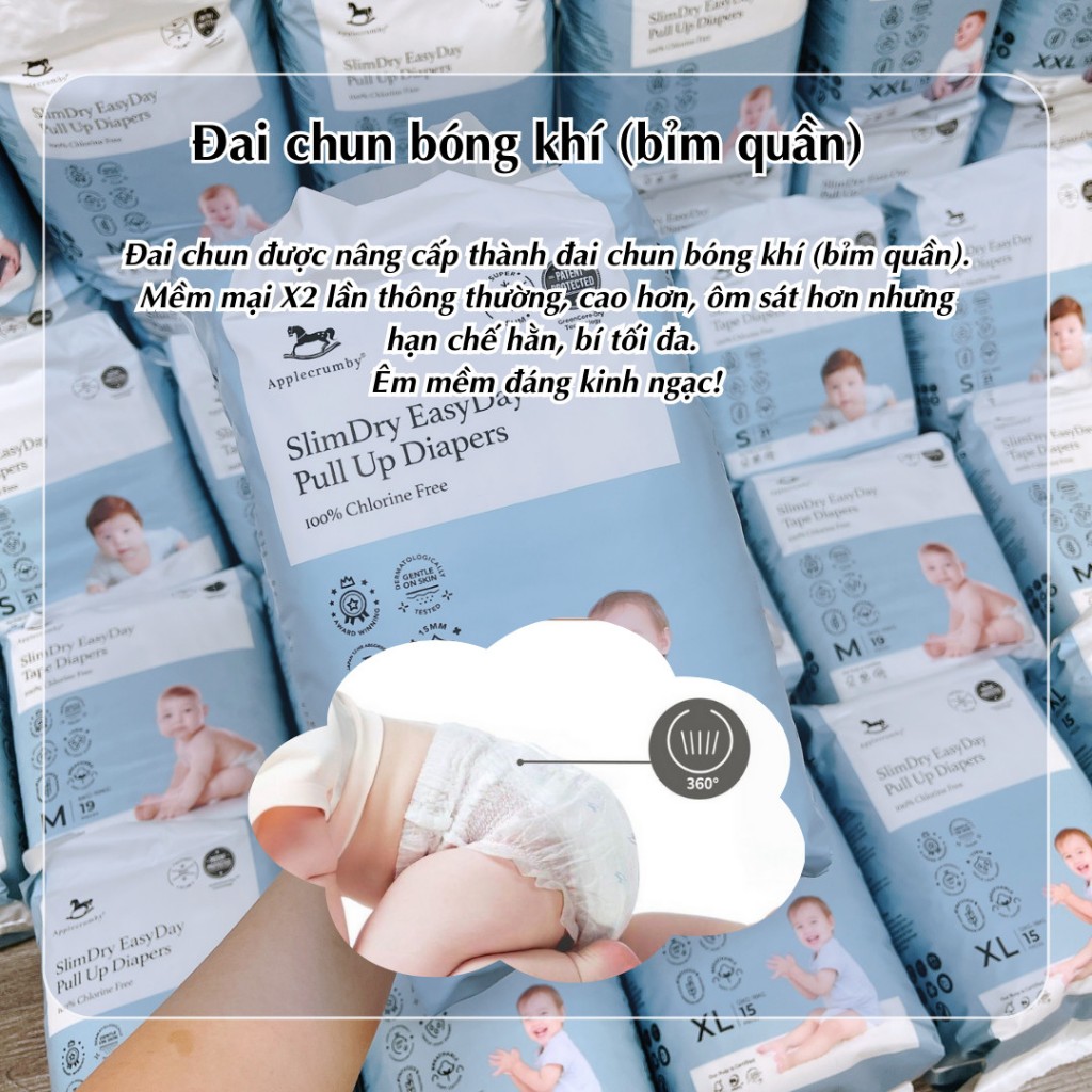 COMBO 1 THÙNG 2 bịch Bỉm dán/quần APPLECRUMBY SLIM Version 2023 cao cấp Malaysia cho bé S21/M19/L17/XL15/XXL13