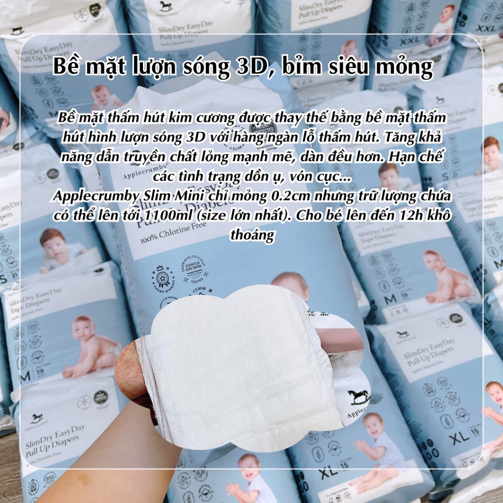 COMBO 1 THÙNG 2 bịch Bỉm dán/quần APPLECRUMBY SLIM Version 2023 cao cấp Malaysia cho bé S21/M19/L17/XL15/XXL13