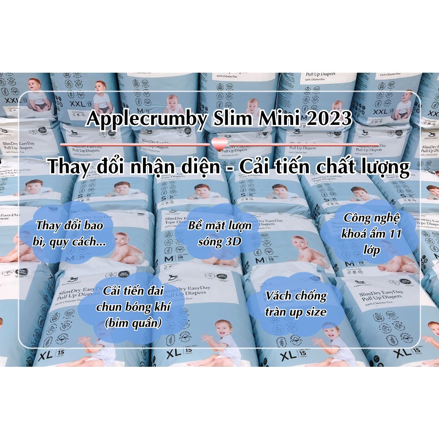 COMBO 1 THÙNG 2 bịch Bỉm dán/quần APPLECRUMBY SLIM Version 2023 cao cấp Malaysia cho bé S21/M19/L17/XL15/XXL13