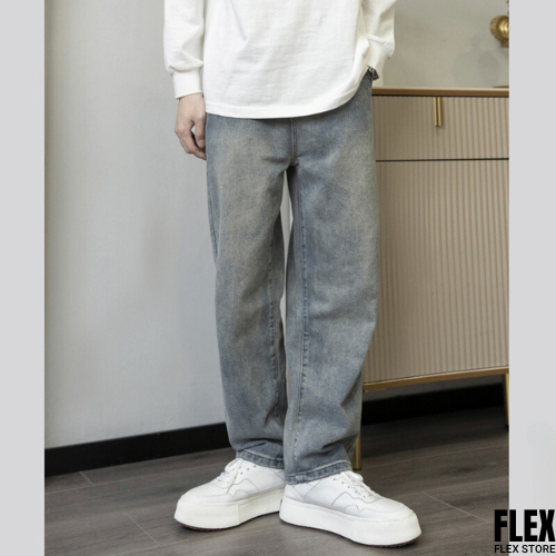 Quần Jean Baggy Nam Nữ Unisex WASH Blue Retro Lưng Thun Hàng Cao Cấp - FLQ02 - FLEX STORE