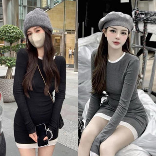 đầm body dáng ngắn tay dày phối màu