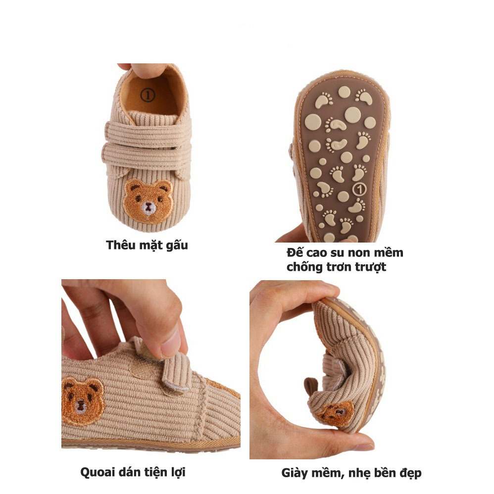 Giày tập đi bé trai, Giày vải cho bé sơ sinh thêu họa tiết gấu quoai dán đế cao su chống trượt