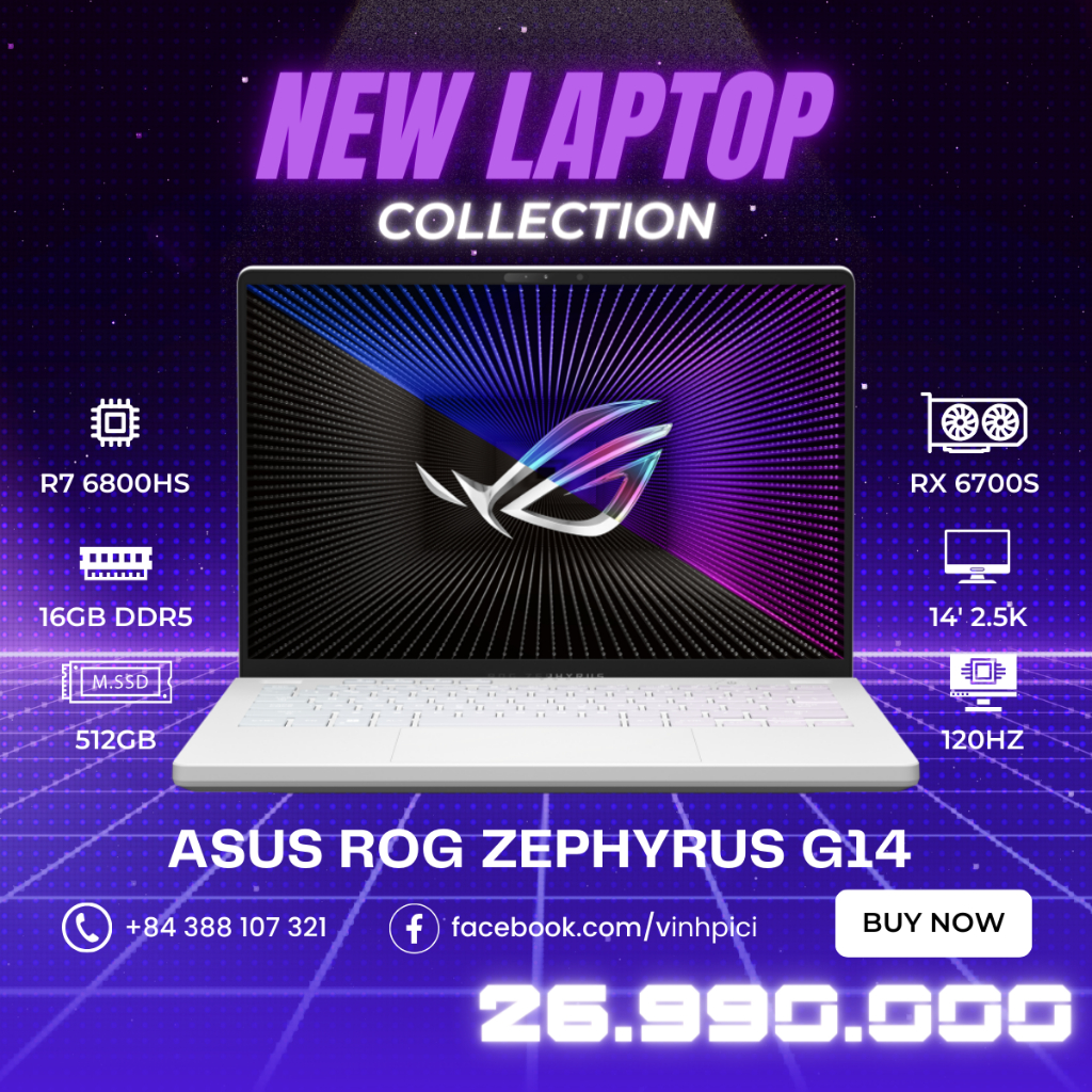 Laptop Asus ROG Zephyrus G14 2022 (R7-6800HS/ RX 6700S/ Ram 16GB/ SSD 512GB/ 14' QHD 120Hz/ Anime Matrix)
