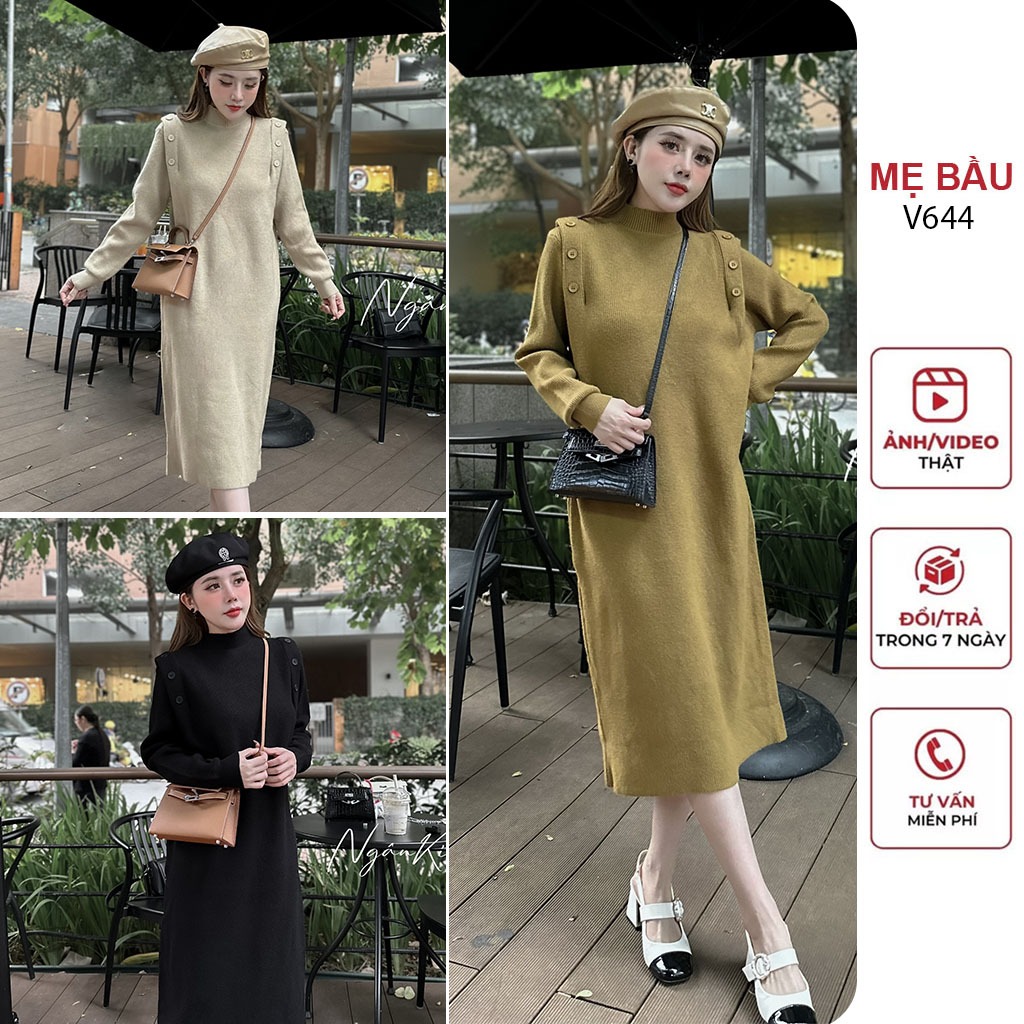 ĐẦM VÁY BẦU LEN LÔNG THỎ STYLE HÀN QUỐC CỔ 3 PHÂN DÀI TAY DÁNG SUÔNG TRÊ TRUNG - ĐẦM BẦU BABYDOLL XINH FREESIZE