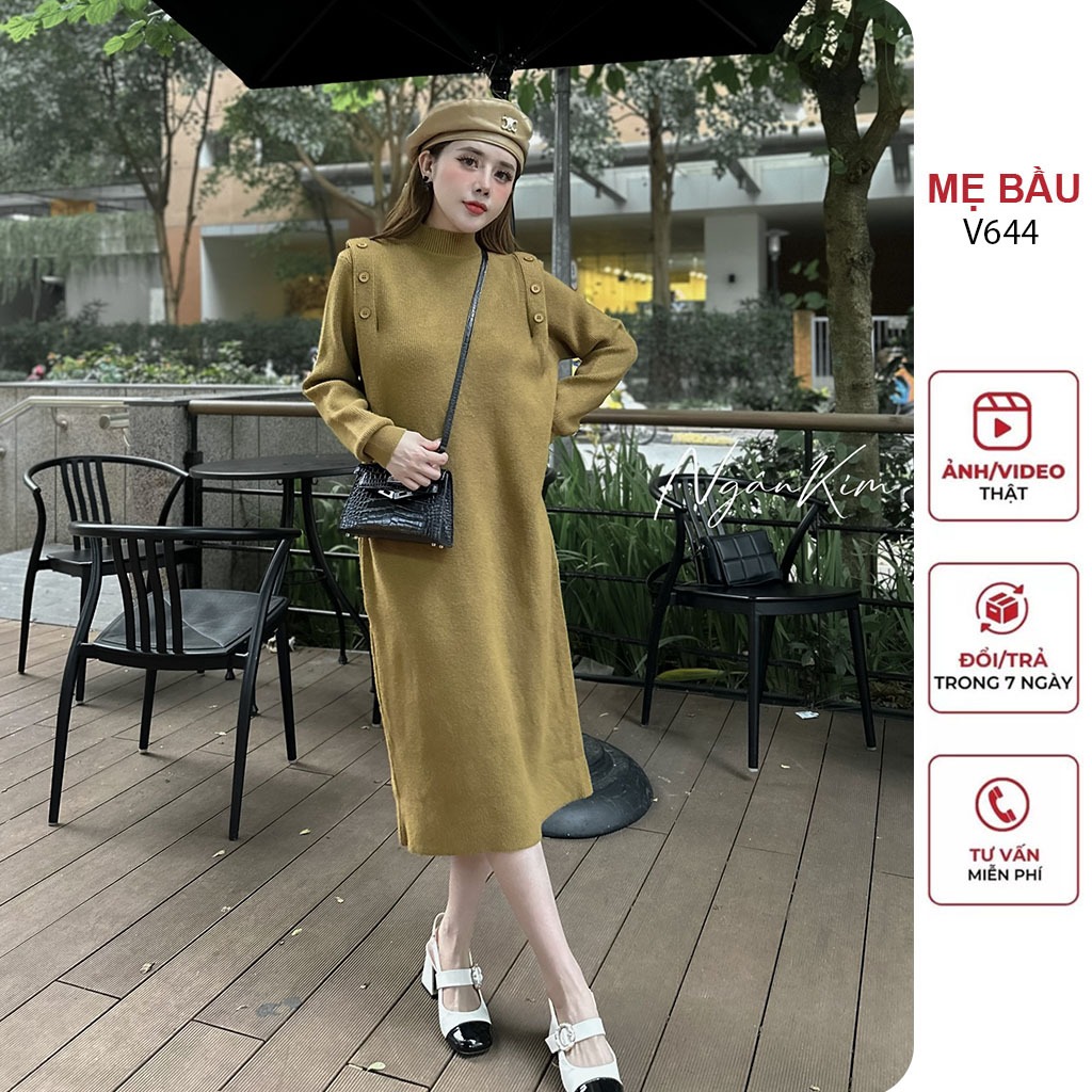 ĐẦM VÁY BẦU LEN LÔNG THỎ STYLE HÀN QUỐC CỔ 3 PHÂN DÀI TAY DÁNG SUÔNG TRÊ TRUNG - ĐẦM BẦU BABYDOLL XINH FREESIZE