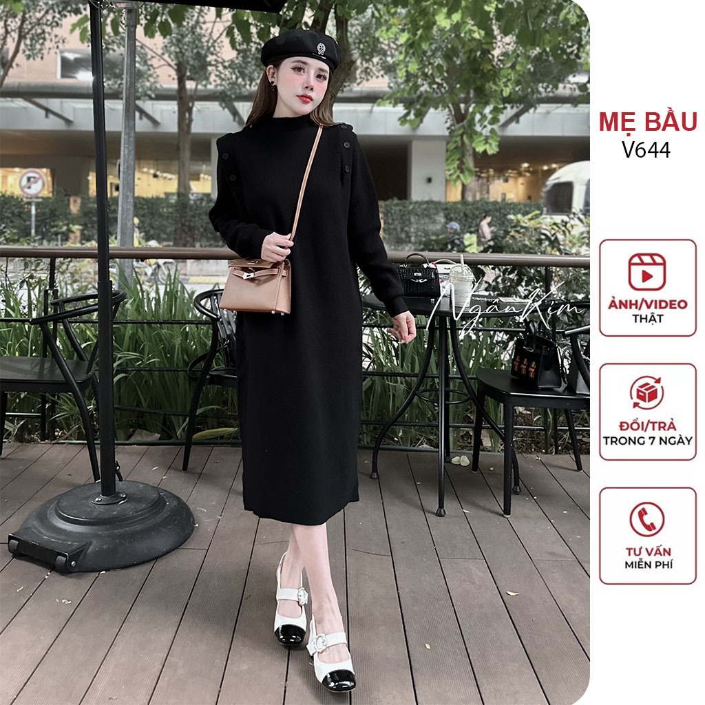 ĐẦM VÁY BẦU LEN LÔNG THỎ STYLE HÀN QUỐC CỔ 3 PHÂN DÀI TAY DÁNG SUÔNG TRÊ TRUNG - ĐẦM BẦU BABYDOLL XINH FREESIZE