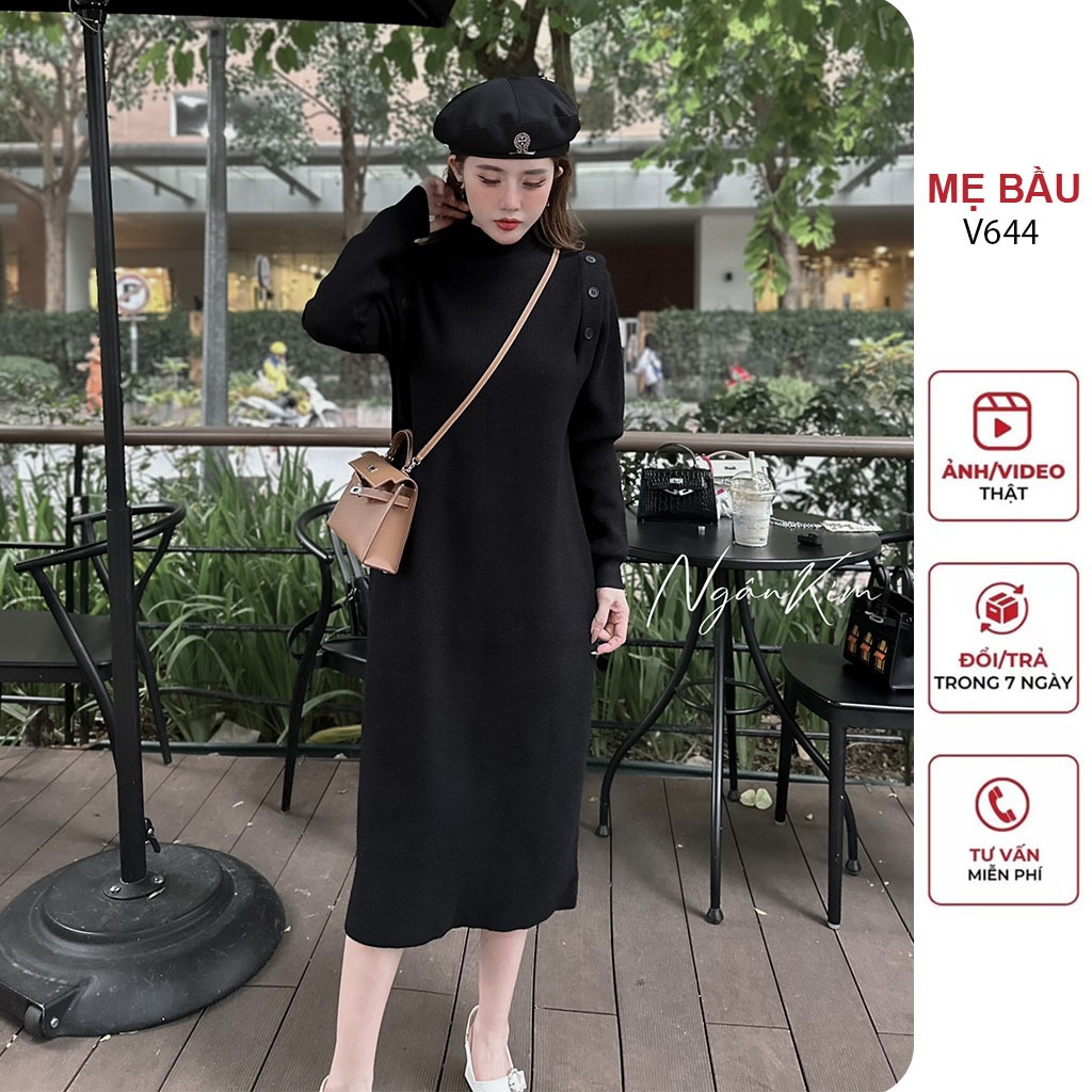 ĐẦM VÁY BẦU LEN LÔNG THỎ STYLE HÀN QUỐC CỔ 3 PHÂN DÀI TAY DÁNG SUÔNG TRÊ TRUNG - ĐẦM BẦU BABYDOLL XINH FREESIZE