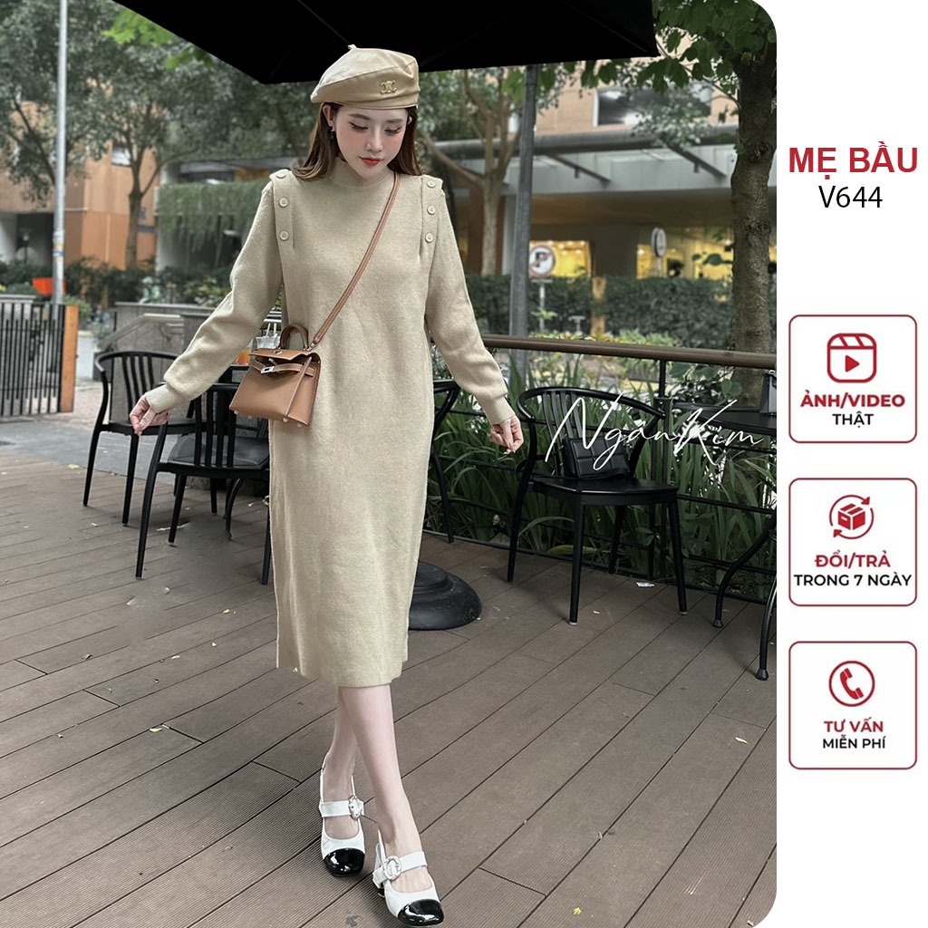 ĐẦM VÁY BẦU LEN LÔNG THỎ STYLE HÀN QUỐC CỔ 3 PHÂN DÀI TAY DÁNG SUÔNG TRÊ TRUNG - ĐẦM BẦU BABYDOLL XINH FREESIZE