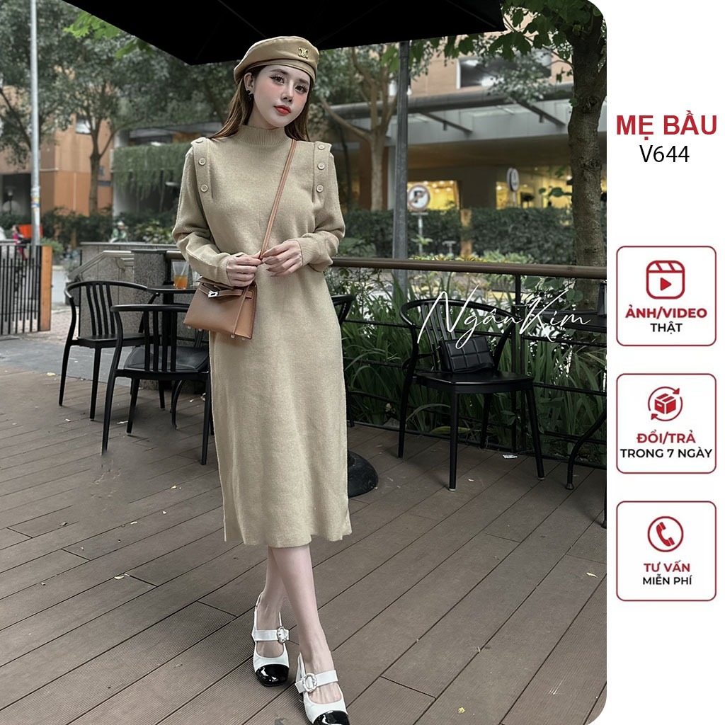 ĐẦM VÁY BẦU LEN LÔNG THỎ STYLE HÀN QUỐC CỔ 3 PHÂN DÀI TAY DÁNG SUÔNG TRÊ TRUNG - ĐẦM BẦU BABYDOLL XINH FREESIZE