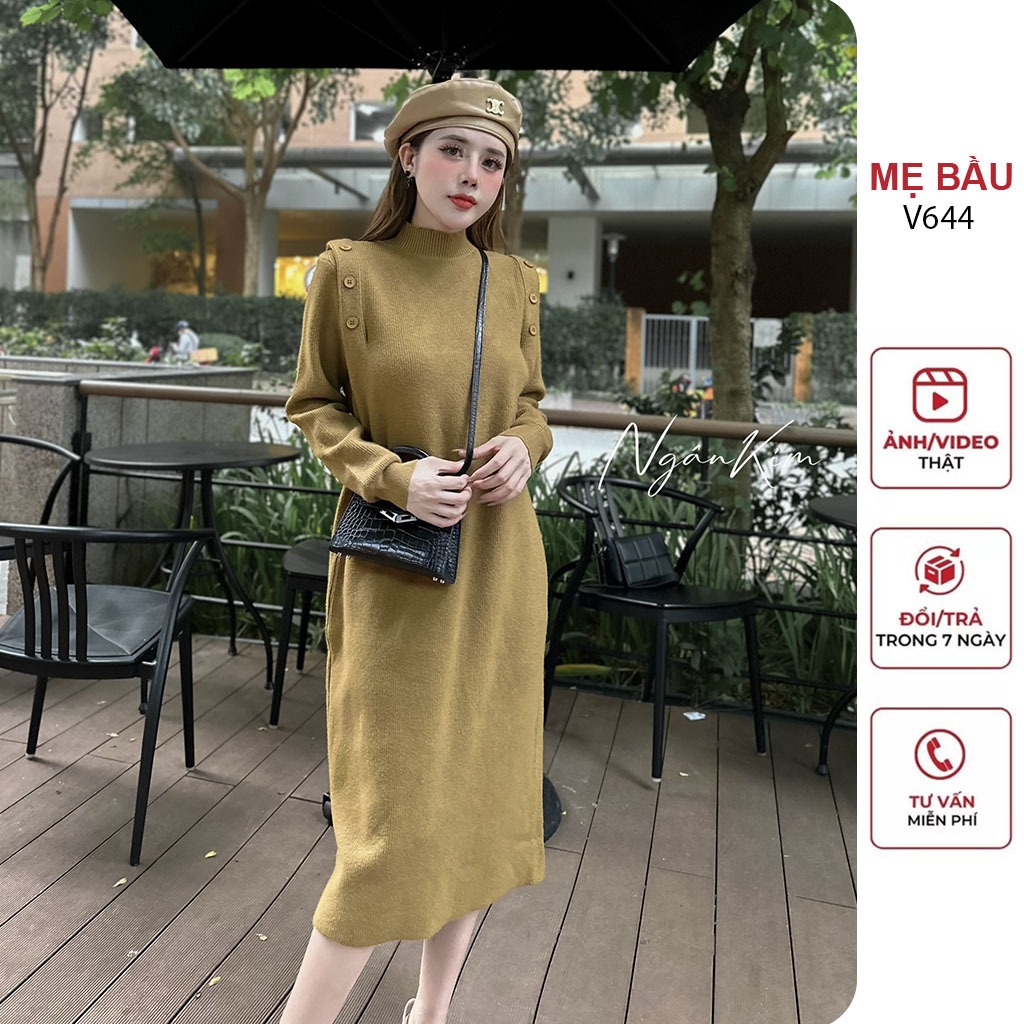 ĐẦM VÁY BẦU LEN LÔNG THỎ STYLE HÀN QUỐC CỔ 3 PHÂN DÀI TAY DÁNG SUÔNG TRÊ TRUNG - ĐẦM BẦU BABYDOLL XINH FREESIZE