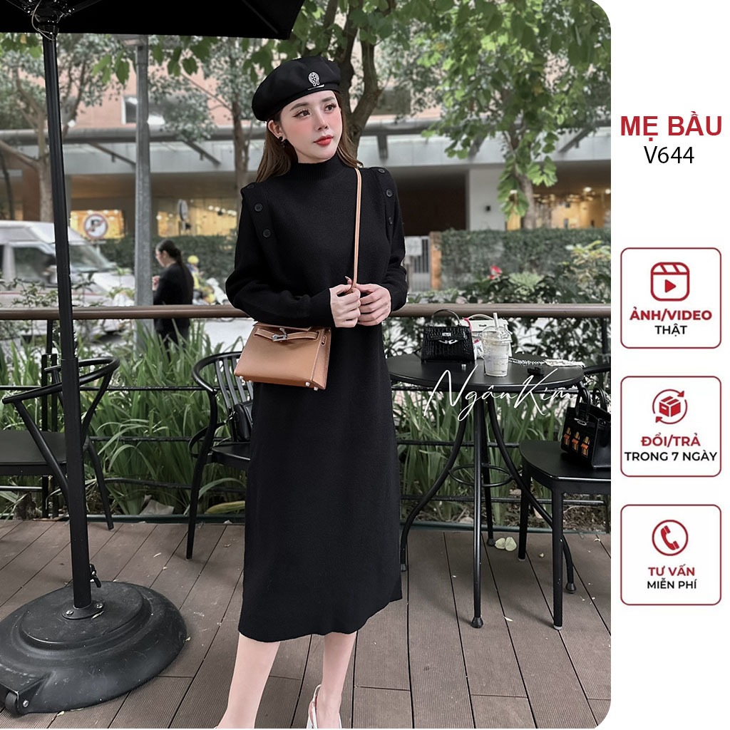 ĐẦM VÁY BẦU LEN LÔNG THỎ STYLE HÀN QUỐC CỔ 3 PHÂN DÀI TAY DÁNG SUÔNG TRÊ TRUNG - ĐẦM BẦU BABYDOLL XINH FREESIZE