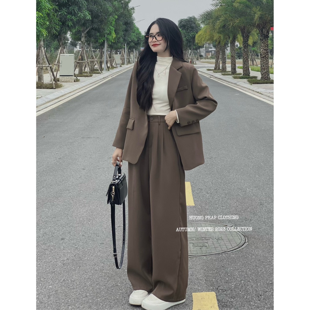 SET VEST ÁO BLAZER MÀU NÂU ĐẬM CÙNG QUẦN ỐNG XUÔNG ĐỨNG FORM HÀNG QC LOẠI 1 BY HUONGPHAPCLOTHING