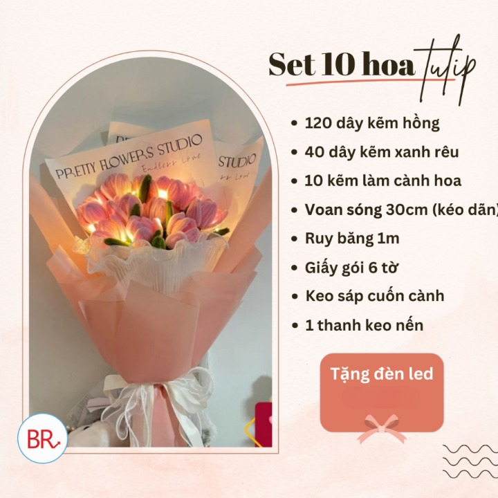 Set Nguyên Liệu Làm Bó Hoa Tulip 15 Bông Bằng Kẽm Nhung Tặng Kèm Đèn Led Làm Quà Tặng Ý Nghĩa