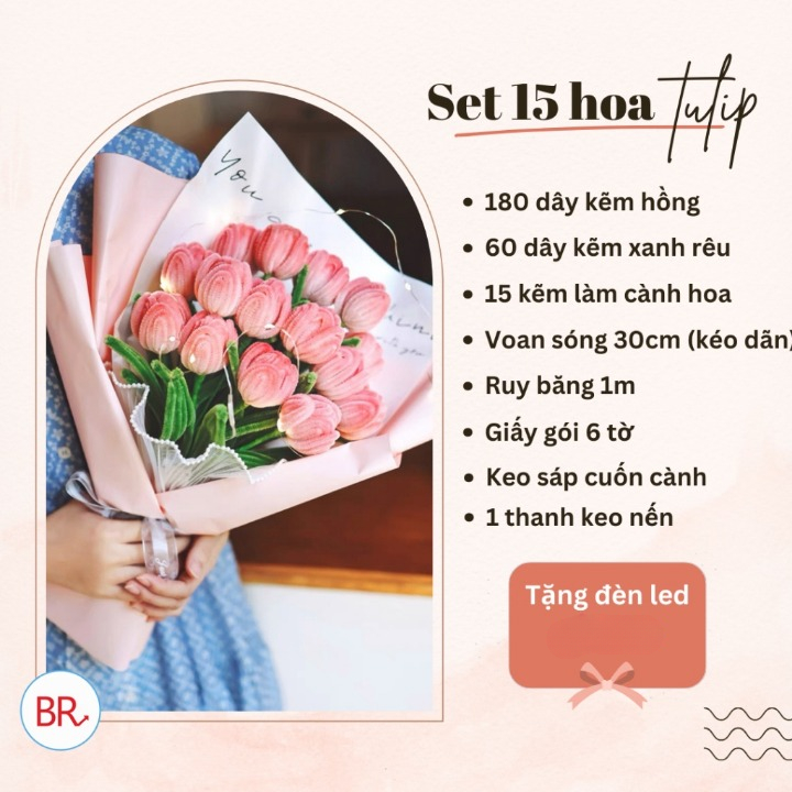 Set Nguyên Liệu Làm Bó Hoa Tulip 15 Bông Bằng Kẽm Nhung Tặng Kèm Đèn Led Làm Quà Tặng Ý Nghĩa