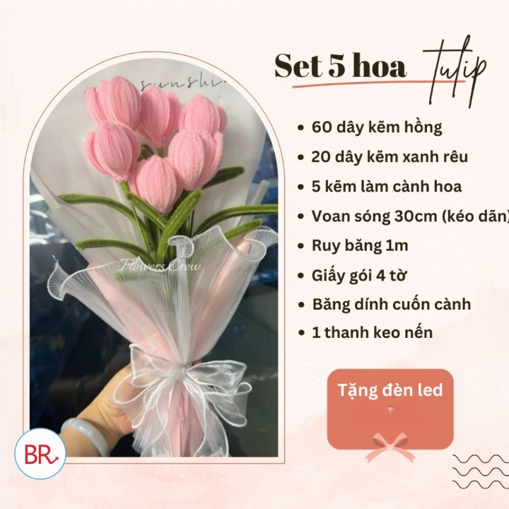 Set Nguyên Liệu Làm Bó Hoa Tulip 15 Bông Bằng Kẽm Nhung Tặng Kèm Đèn Led Làm Quà Tặng Ý Nghĩa