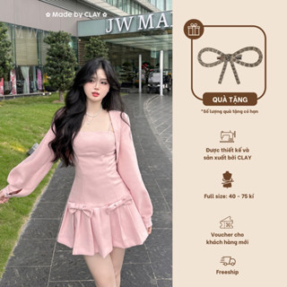 Mary Set Set Váy / Đầm dạ tex Hàn váy hai dây kèm áo khoác croptop tay bồng thiết kế có bigsize Clay Clothing