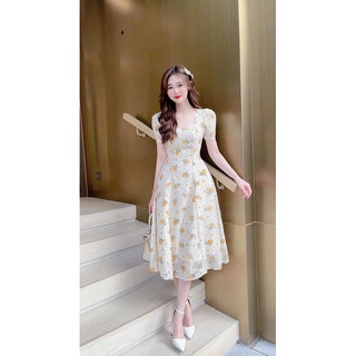 Đầm voan hoa tay phồng cột nơ cổ chạy mocking sau dịu dàng nữ tính