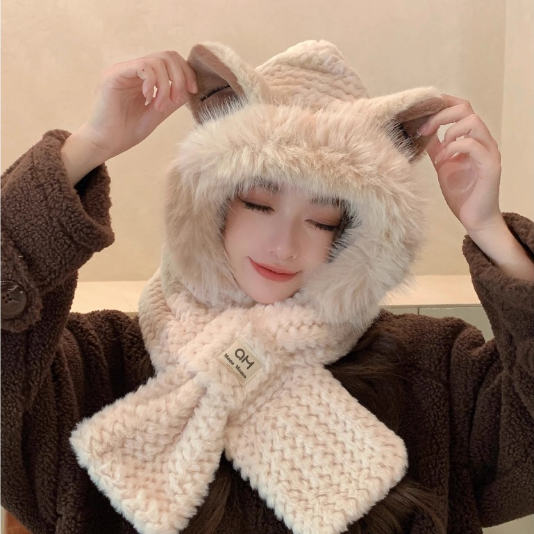 Mũ len nữ lông cừu kèm khăn quàng cổ, nón len mùa đông giữ ấm tai mèo đáng yêu SLEEPYCHIC phong cách Hàn Quốc