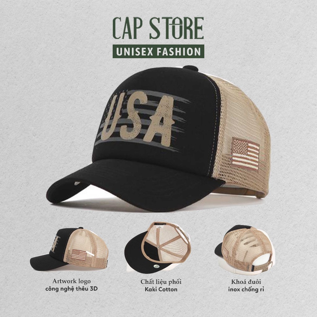 Nón vá lưới kết logo USA - Mũ lưỡi trai phối lưới xuất khẩu thời trang unisex nam nữ phong cách Hàn Quốc Capstore USA.02