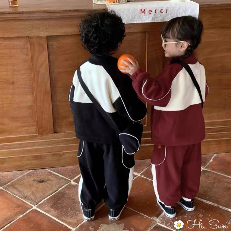 Set bộ khoác nỉ phối màu siêu đẹp bo viền nhà Hisun cho bé trai bé gái size từ 12-45 cân