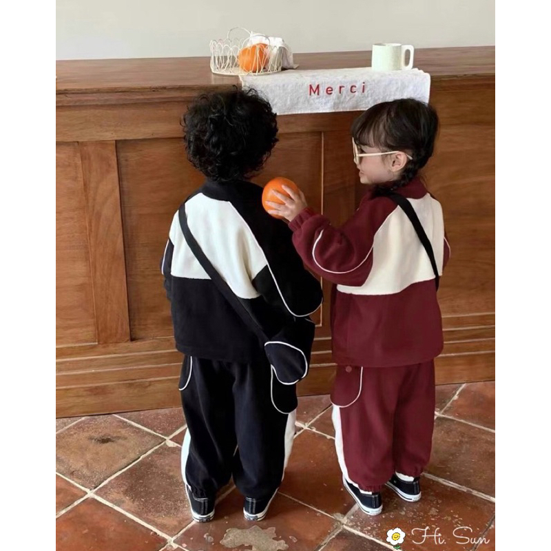 Set bộ khoác nỉ phối màu siêu đẹp bo viền nhà Hisun cho bé trai bé gái size từ 12-45 cân