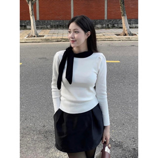 (Hàng có sẵn) Áo len dệt kim cổ nơ dài tay Quảng Châu cao cấp