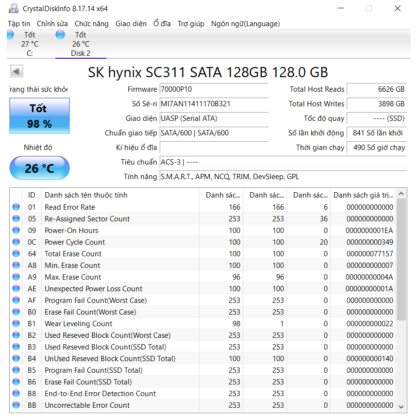 SSD m.2 Skynix 128gb, zin đẹp bóc máy. Sức khoẻ GOOD