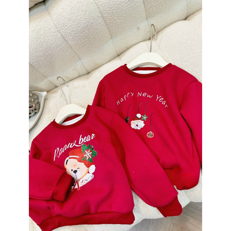 Quần áo trẻ em, áo nỉ Sweater đỏ Noel dày dặn ấm áp cho bé trai và bé gái 10-30kg