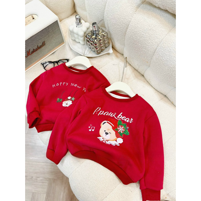 Quần áo trẻ em, áo nỉ Sweater đỏ Noel dày dặn ấm áp cho bé trai và bé gái 10-30kg