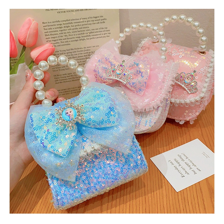 Túi Xách Mini Đeo Chéo Bé Gái đính charm, Nơ Công Chúa Elsa diện tết cực xinh(Ảnh chụp thật)