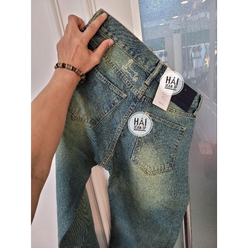 Quần jean nam leviss màu rêu phủ japan bản thêu tay thỏ form đứng chất cotton