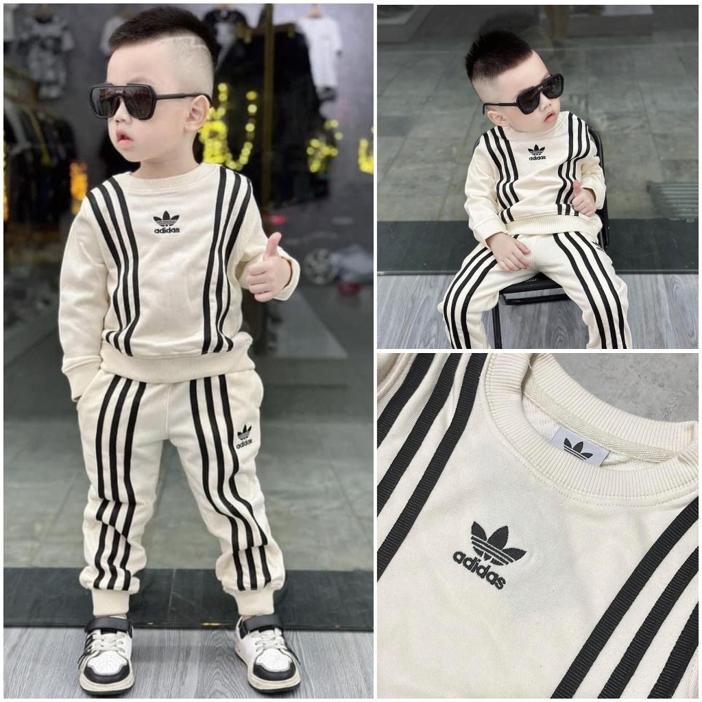 Bộ thể thao ADIDAS màu sữa chất nỉ da cá cho bé trai thu đông mới nhất phù hợp cho bé từ 9-45kg