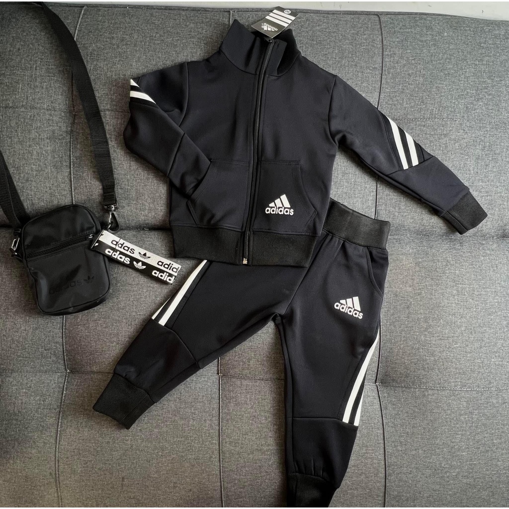 Bộ thể thao ADIDAS CỔ CAO thu đông màu đen chất liệu poly thể thao cho bé trai 9-45kg