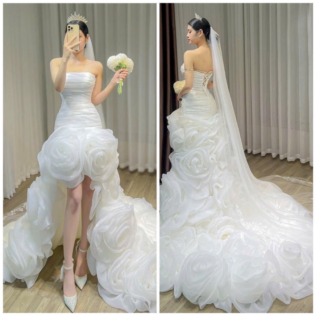 Đầm cưới đầm đi bàn cô dâu body 2 in 1 đuôi tôm hoa hồng ( hàng có sẵn) full size s/m/l/xl